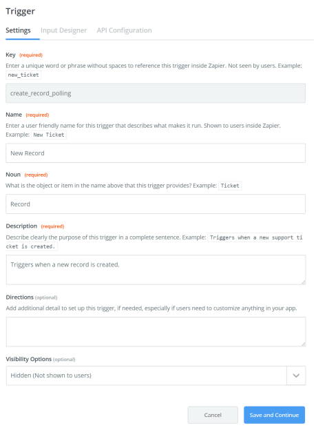 Create a New Record trigger using Polling trigger type