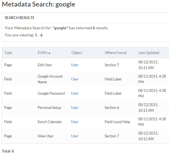 Metadata Search Results
