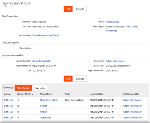 Rollbase - View tab properties and menu items