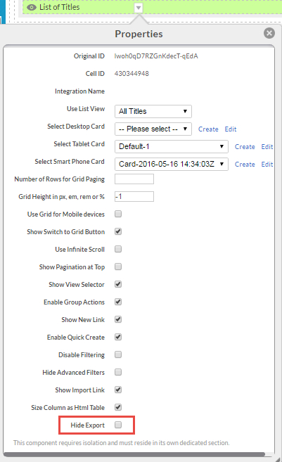Hide Export in Properties